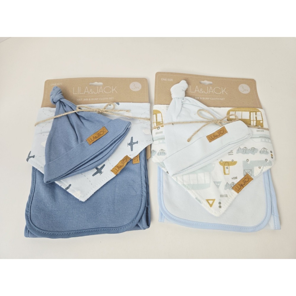 Lila & Jack Set 3 pack x 2 Hat/Bib/ Burp Cloth set NEW blue airplane cars‎